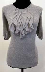 Ann Taylor Womens Short Sleeve Ruffle Front Sweater Petite Medium Gray Cashmere - Picture 1 of 11