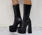 Womens Fashion Round Toe Zipper Mid Calf Boots Block High Heels Platform Shoes