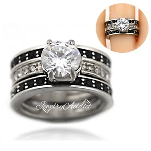 Lady Silver Gothic Punk 1CT Black White AAA CZ Steel Engagement Anniversary Ring - Picture 1 of 5
