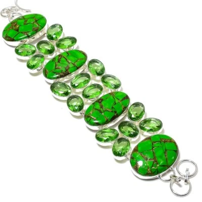 Natural Green Turquoise,Peridot Gemstone 925 Sterling Silver Bracelet 8" l412 - Image 1 of 4