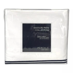 New Hudson Park Italian-made 100% Cotton QUEEN Bedskirt - Mineral Blue on White - Picture 1 of 4