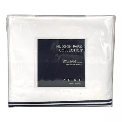 New Hudson Park Italian-made 100% Cotton QUEEN Bedskirt - Mineral Blue on White - Image 1 of 4