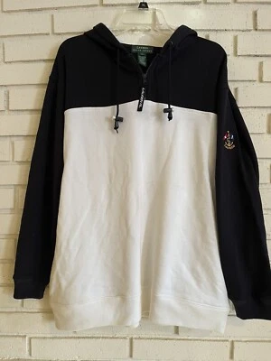 Sudadera con capucha para mujer Lauren Ralph Lauren grande blanca y negra con capucha 1/4 cremallera con bolsillos Foto 1 de 4