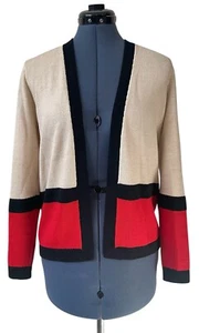 Vtg St John Marie Gray Beige Black Red Colorblock Open Knit Cardigan Old Money 4 - Picture 1 of 11
