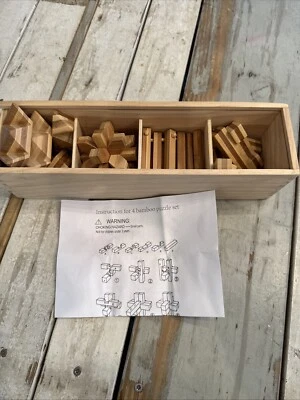 4 Bamboo 3D Puzzle Brain Teasers Puzzles Mind Game Toys Set Teens Adults No Lid - Image 1 of 4