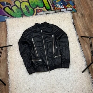 All Saints Sanderson Leather Regular Fit Moto Bomber Jacket in Black Size M - Picture 1 of 7
