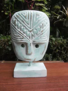 Primitive Head Wood Carving upon stand-approx: 20cm H-(8") turquoise white wash - Foto 1 di 5