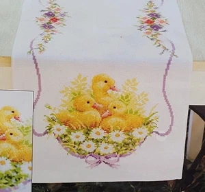 Vervaco Counted Cross Stitch Table Runner Tablecloth Ducklings & Daisies 12"x33" - Picture 1 of 5