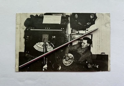 1910s Man Plays Banjo Mandolin Morning Glory Phonograph Real Photo Postcard - Image 1 of 2