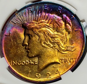 1924 Rainbow Toned Peace Dollar Sunset Yellow Orange RAR - Bild 1 von 2