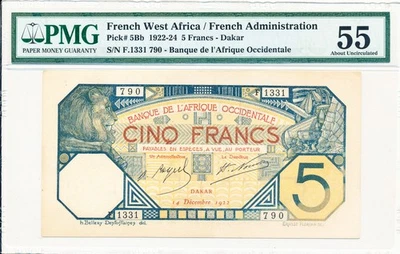 Banque de l'Afrique Occidentale French West Africa 5 Francs 1922  PMG  55 - Image 1 of 2