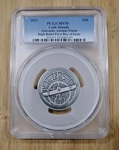 2023 Islas Cook 2 oz Plata Instrumentos Históricos Astrolabe HR FDI - PCGS MS70 - Imagen 1 de 2