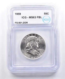 1959 Franklin Half Dollar Error FS-801 DDR MS63 FBL ICG *3229 - Picture 1 of 3