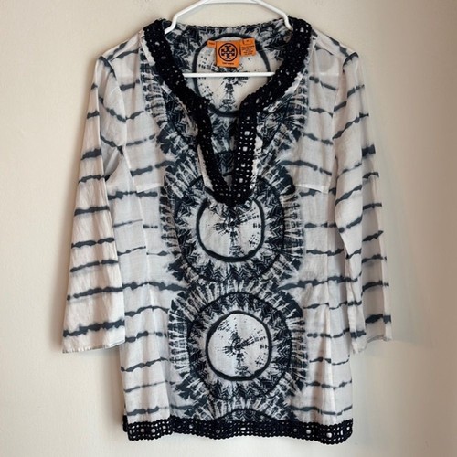 Tory Burch tunica donna tie dye blu navy e bianca copricostume taglia 12 leggi