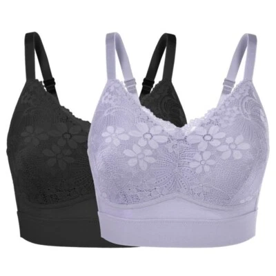 Rhonda Shear 2 Pack Molded Cup Bra Lace Overlay Size Medium Black Purple 654.1 - Image 1 of 4