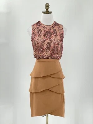 Vestido Lopez Knudsen Vintage Marrón Seda Cuentas Lentejuelas Capas Foto 1 de 4