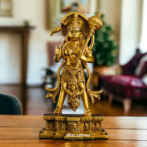 Majestic 15.5 Inches Brass Standing Hanuman Idol Hindu God Sculpture Religious - Picture 1 of 7