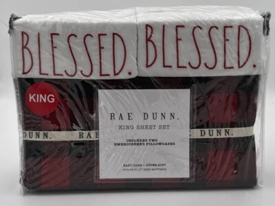 Rae Dunn Bed Sheet Set King Blessed Red Black Plaid 2 Embroidered Pillowcases - Image 1 of 3