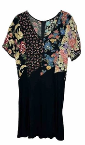 Vtg 90s Zoe California Black Short Sleeve Floral Print Grunge Dress Size M - Picture 1 of 8
