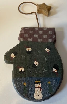 圣诞装饰品 原始风格 木手套 带雪人和星星装饰 — 第 1/4 张图片