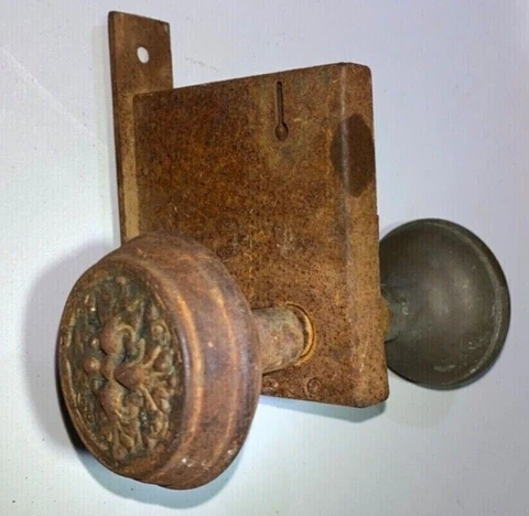Antique Gothic Metal Vintage Door Lock W/ Two Door Knobs Cover