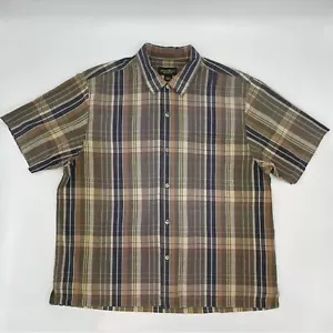 Eddie Bauer Plaid Shirt Men's Relaxed Fit Large Cotton Short Sleeves Brown Flaws - Picture 1 of 11