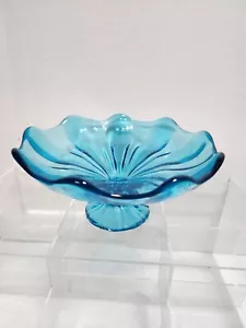 LE Smith Blue Ribbed Pedestal Bowl Compote Ruffle Edge Art Glass - Picture 1 of 6