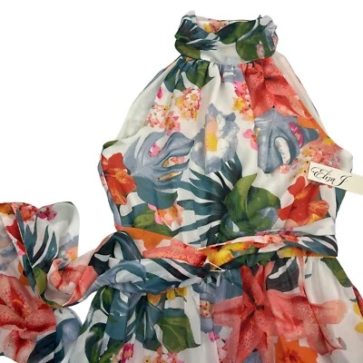 Maxi Vestido ELIZA J Halter de Gasa Talla 2 Forrado Cuello Alto Tropical Floral Nuevo con Etiquetas Foto 1 de 4