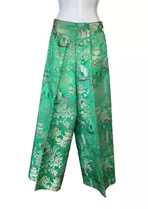 JAPANESE GREEN SILK EMBROIDERED WIDE LEG HAKAMA PANTS PAGODA GARDEN PRINT - Picture 1 of 5
