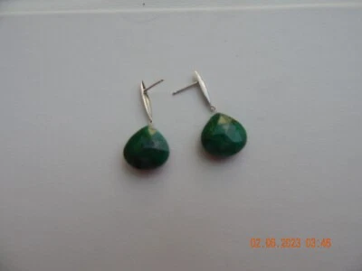 Sterling silver elongated drop earrings natural pear shaped faceted emerald 1.1" - Image 1 of 4