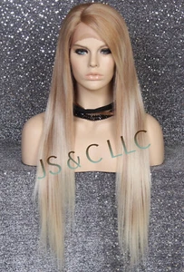 Echthaar Mischung Lace Front Perücke lang blond Mix glatt Hitze OK 27/61 YM - Bild 1 von 8