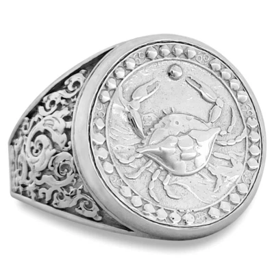 Real 18K White Gold Cancer Ring, Zodiac Sign Mens Gold Coin Ring Astrology - Image 1 of 4