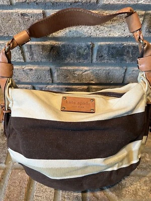 Bolso de Hombro Bolso de Mano Kate Spade New York Beige Marrón Rayas Cuero Bordeado Foto 1 de 4