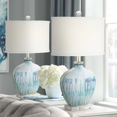 Coastal Table Lamps Set of 2 Ceramic Blue Drip for Living Room Bedroom Office - Image 1 of 4