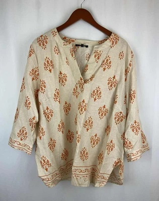 Camisa túnica Tahari para mujer 1X color naranja crema estampado mezcla de lino boho look por capas fluida Foto 1 de 4