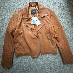 NWT 7 For All Mankind Brown Faux Leather Moto Jacket Asymmetrical Women's Size L - Picture 1 of 10