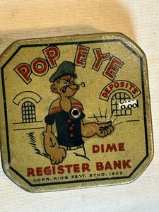 Banco de registro de monedas de diez centavos Popeye 1929 King Features Syndicate de metal vintage - Imagen 1 de 10