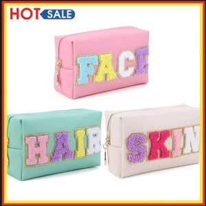 Chenille Letter Preppy Patch Makeup Bag Large Capacity Cosmetic Bag Convenient - Picture 1 of 21