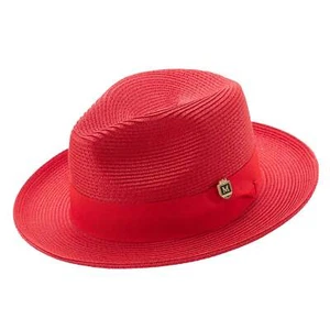 RED Braided Wide Brim Pinch Fedora Matching Grosgrain Ribbon Hat SZ . LAR H42 - Picture 1 of 4