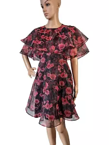 Topshop Organza rot & schwarz Blumen Kleid Stufen Rüschen transparent UK 6 Minikleid - Bild 1 von 14
