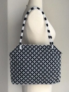 Vintage Purse Acrylic Beads Black & White Handmade Bag Handbag Double Strap - Picture 1 of 20