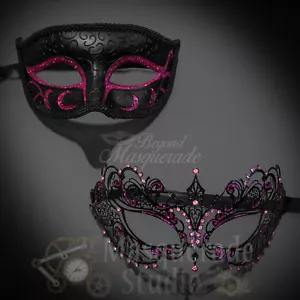 Paare schwarz/rosa bezaubernd und extravagant Kostüm Party Maskerade Masken Set - Bild 1 von 4