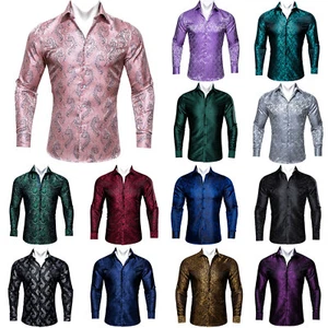 Mens Shirts Long Sleeve Silk Paisley Red Gold Blue Green Button Down Top Casual - Picture 1 of 135