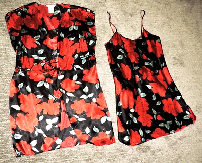 Conjunto de camisón y bata Secret Treasures para mujer talla M negro/rojo floral satinado Foto 1 de 4