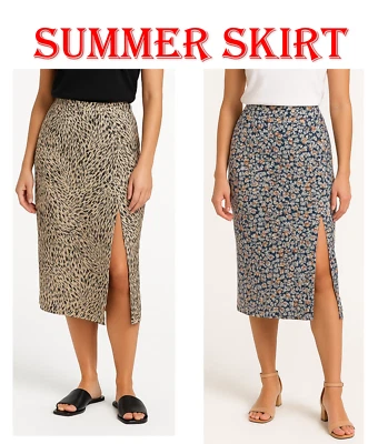 Ladies Womens Skirt Dress Side Split Midi Pencil Floral Summer Elastic UK NEW - Image 1 of 4