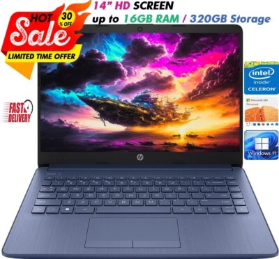 HP Newest Laptop 14"HD Intel 4-Core Up to 16GB RAM & 320GB Storage Win11 Blue - Image 1 of 4