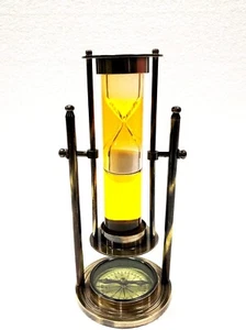 Antique Revolving Yellow Liquid White Sand Timer 9" Antique Solid with Compass - Picture 1 of 5