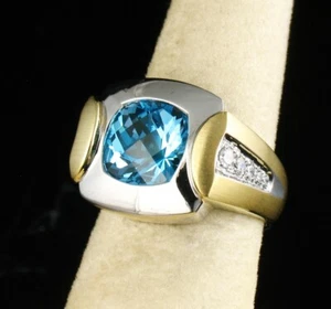 ANILLO DE ORO SÓLIDO 14K DOS TONOS TOPACIO AZUL Y DIAMANTE 4.0ctw natural de diseño firmado - Imagen 1 de 11