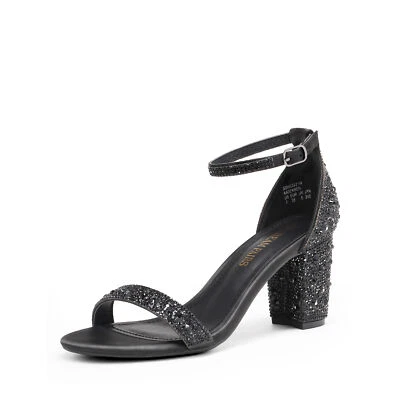 Sandalias de tacón con estrás para mujer con correas al tobillo gruesas en bloque sandalias de vestir de boda Foto 1 de 4