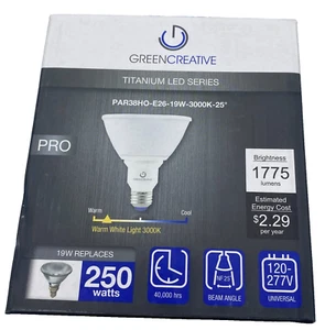 GREEN CREATIVE PAR38HO-E26-19W-3000k-25° 19PAR38HO/830NF25/277V LED LIGHT CRDB - Picture 1 of 17